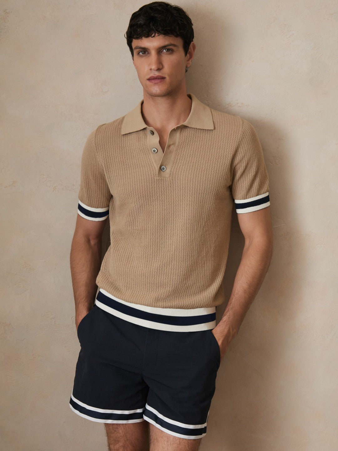 | Ché Cotton Knit Polo Shirt in Camel Brown | Reiss Men New