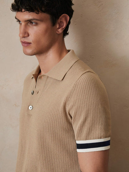 | Ché Cotton Knit Polo Shirt in Camel Brown | Reiss Men New