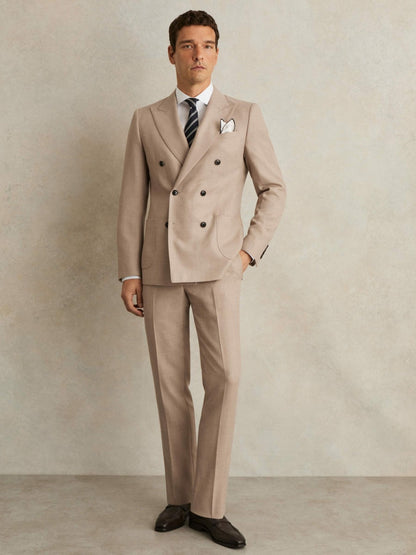 Slim-Fit Wool-Blend Double-Breasted Suit Blazer in Oatmeal Brown | Reiss Men Premium