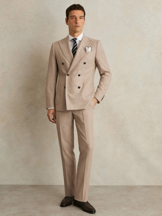 Slim-Fit Wool-Blend Double-Breasted Suit Blazer in Oatmeal Brown | Reiss Men Premium