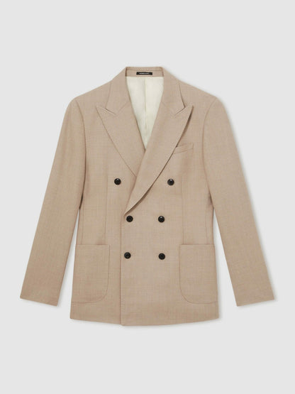 Slim-Fit Wool-Blend Double-Breasted Suit Blazer in Oatmeal Brown | Reiss Men Premium
