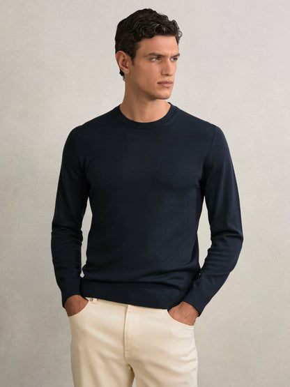 Merino Wool Crew Neck Jumper in Midnight Navy | Reiss Men Recommended