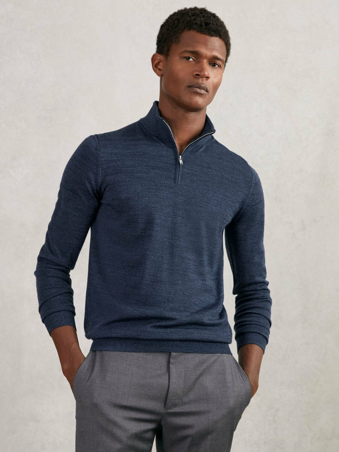 Merino Wool Half-Zip Jumper in Denim Jaspe | Reiss Men Signature