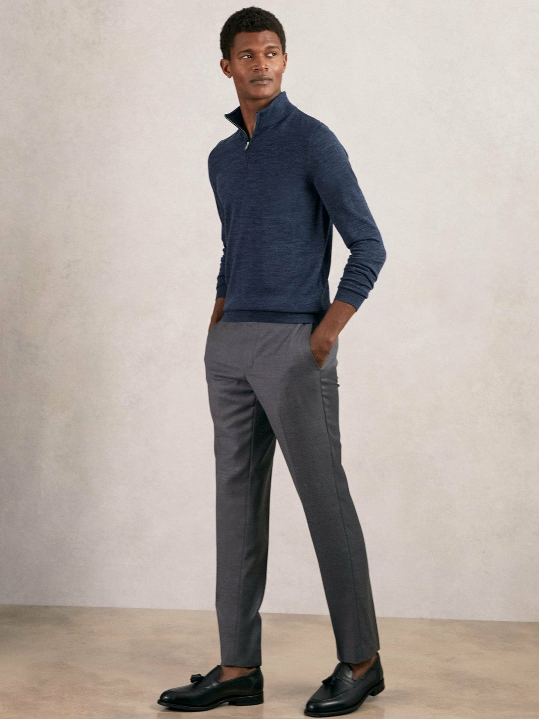 Merino Wool Half-Zip Jumper in Denim Jaspe | Reiss Men Signature