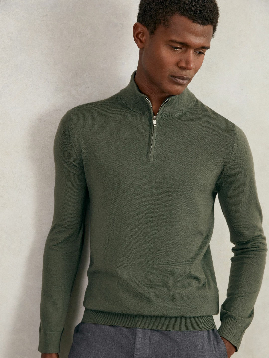 Merino Wool Half-Zip Jumper in Kale Green | Reiss Men Best Seller