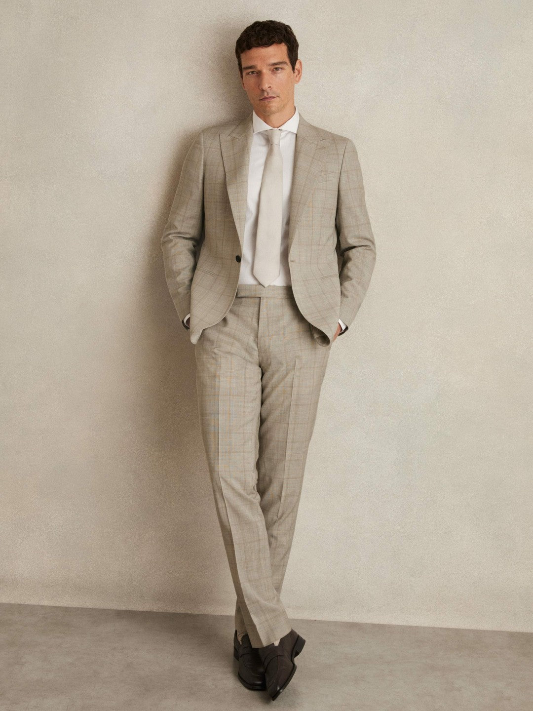 Slim-Fit Wool Check Suit Trousers in Oatmeal Brown | Reiss Men Best Seller
