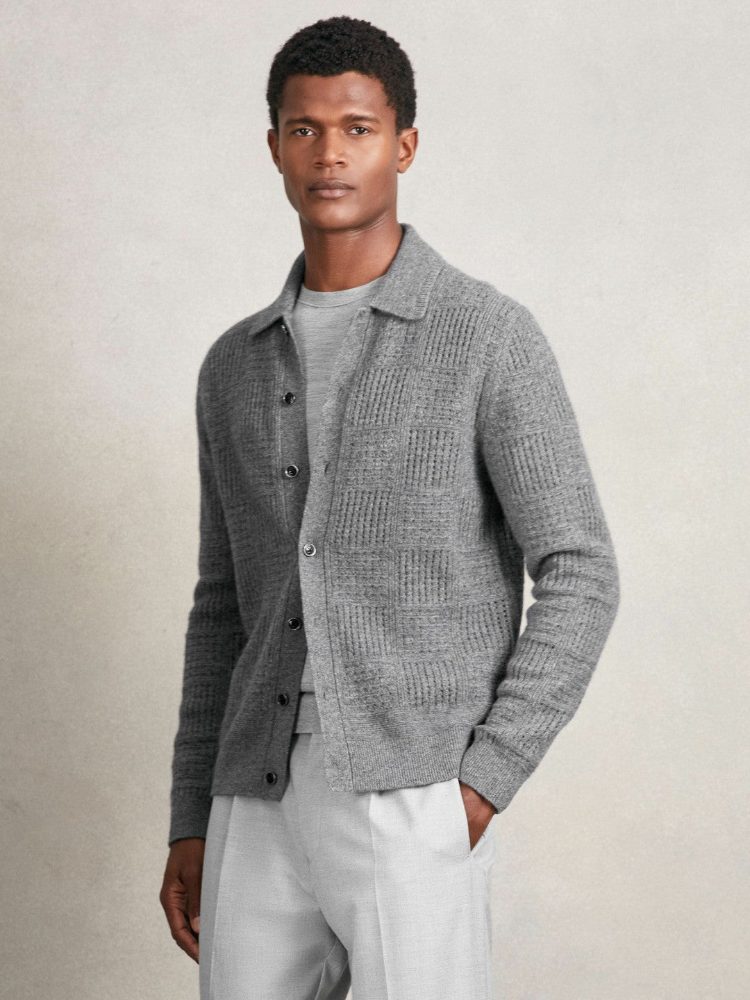 Wool Button Through Pointelle Shirt in Mid Grey | Reiss Men Best Seller