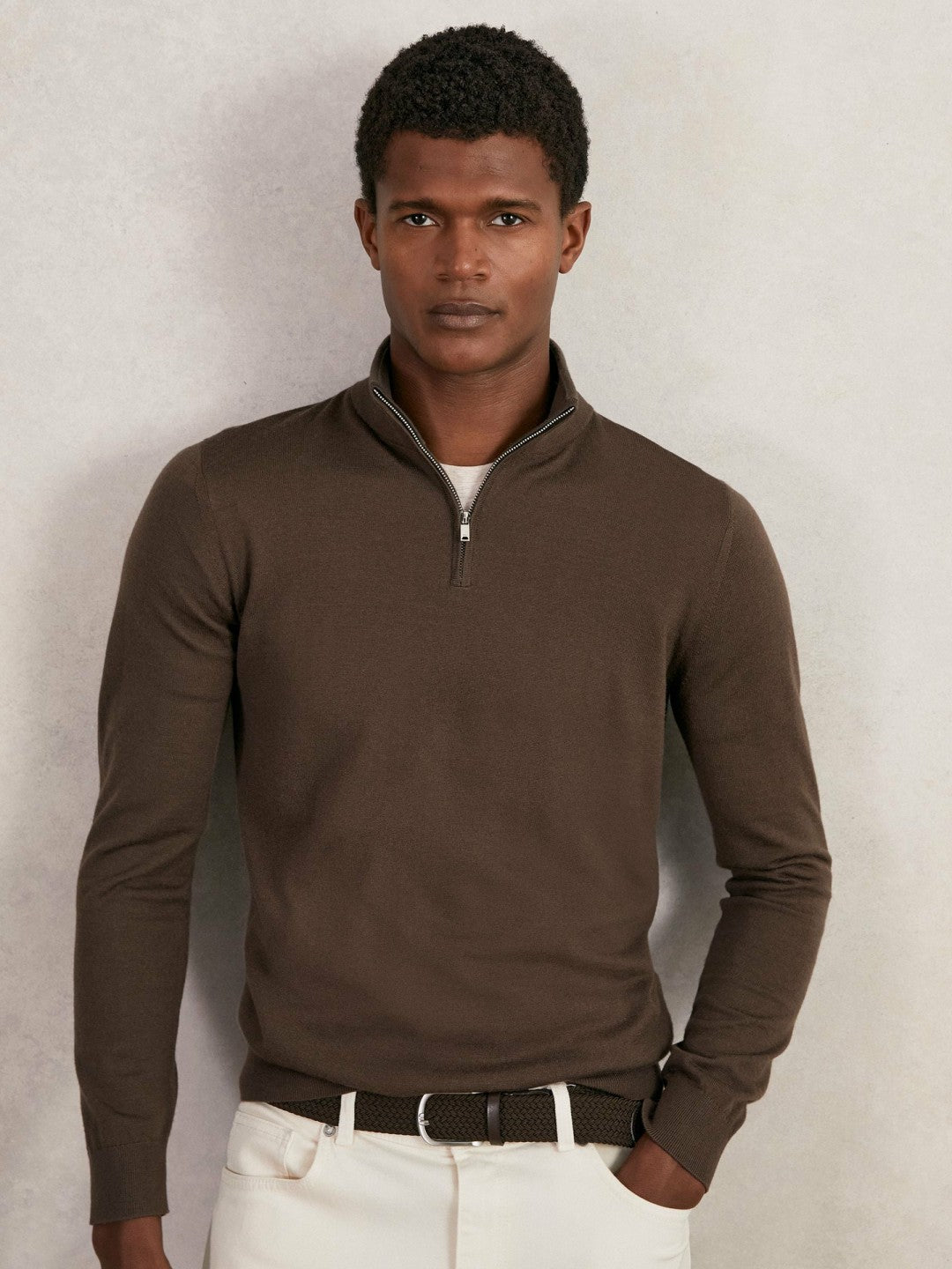 Merino Wool Half-Zip Jumper in Chocolate Brown | Reiss Men New