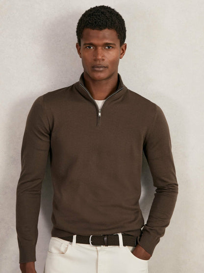 Merino Wool Half-Zip Jumper in Chocolate Brown | Reiss Men New