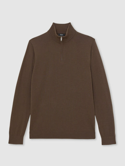 Merino Wool Half-Zip Jumper in Chocolate Brown | Reiss Men New