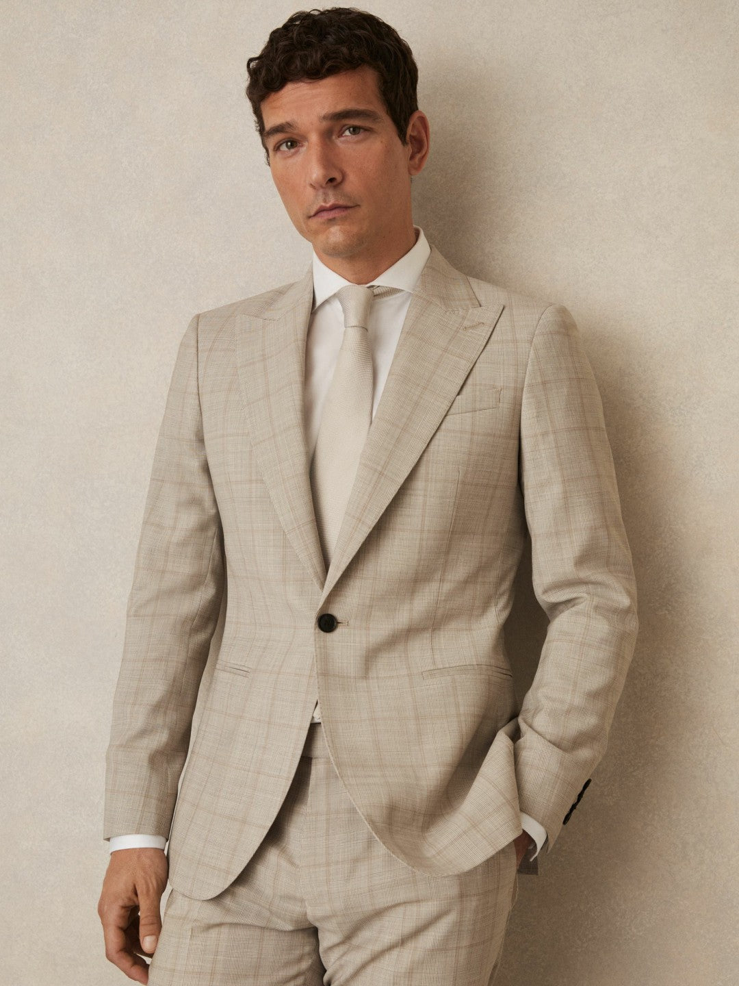Slim-Fit Single-Breasted Wool Check Suit Blazer in Oatmeal Brown | Reiss Men Trending