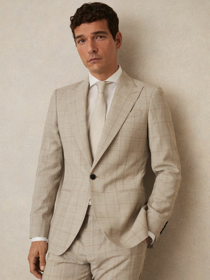 Slim-Fit Single-Breasted Wool Check Suit Blazer in Oatmeal Brown | Reiss Men Trending