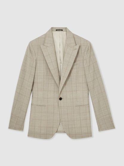 Slim-Fit Single-Breasted Wool Check Suit Blazer in Oatmeal Brown | Reiss Men Trending