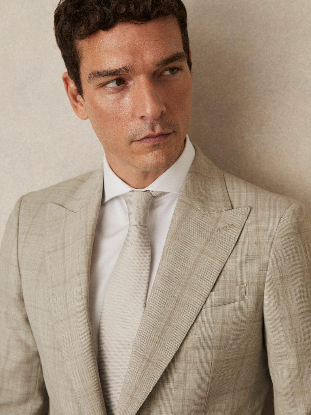 Slim-Fit Single-Breasted Wool Check Suit Blazer in Oatmeal Brown | Reiss Men Trending