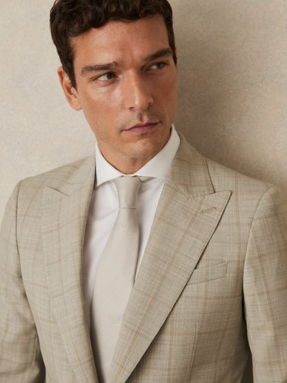 Slim-Fit Single-Breasted Wool Check Suit Blazer in Oatmeal Brown | Reiss Men Trending