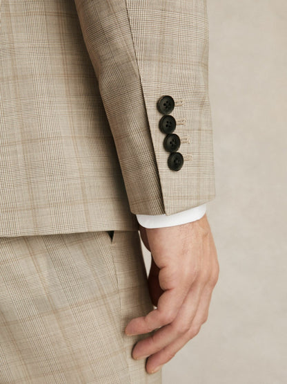 Slim-Fit Single-Breasted Wool Check Suit Blazer in Oatmeal Brown | Reiss Men Trending