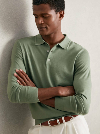 Merino Wool Long-Sleeve Polo Shirt in Harper Green | Reiss Men Popular