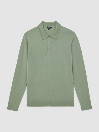 Merino Wool Long-Sleeve Polo Shirt in Harper Green | Reiss Men Popular