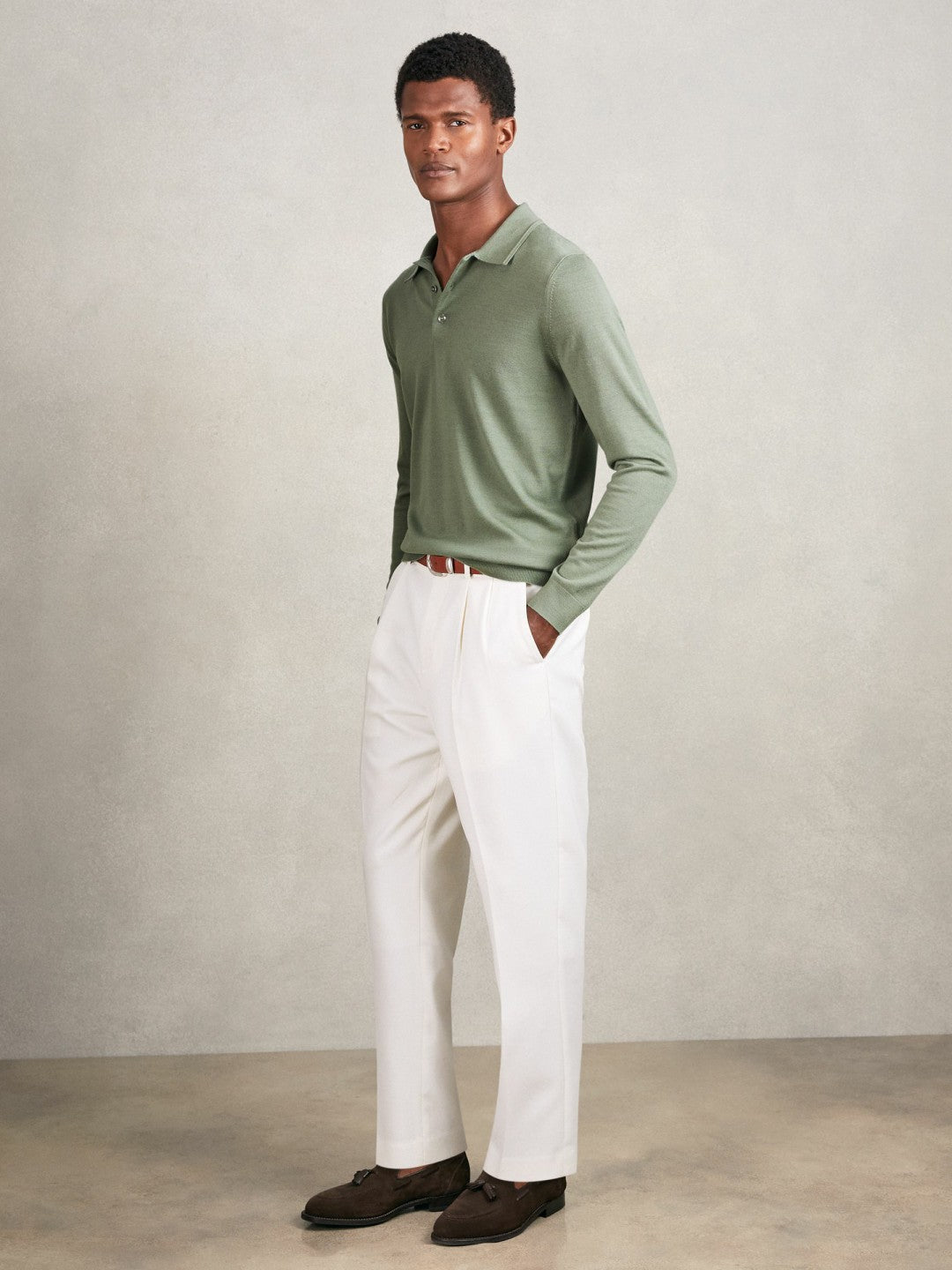 Merino Wool Long-Sleeve Polo Shirt in Harper Green | Reiss Men Popular