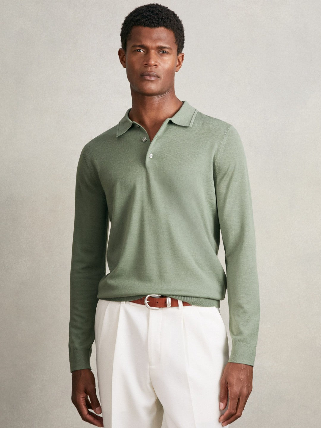 Merino Wool Long-Sleeve Polo Shirt in Harper Green | Reiss Men Popular