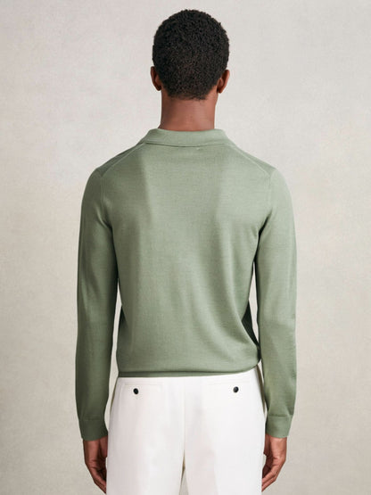 Merino Wool Long-Sleeve Polo Shirt in Harper Green | Reiss Men Popular