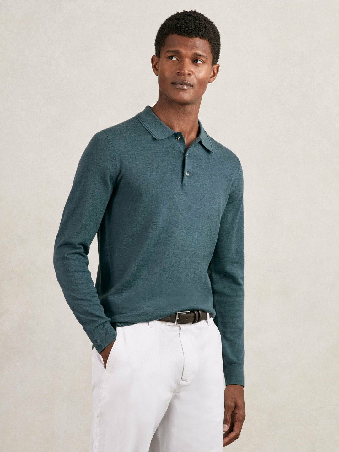 Merino Wool Long-Sleeve Polo Shirt in Orion Blue | Reiss Men Exclusive