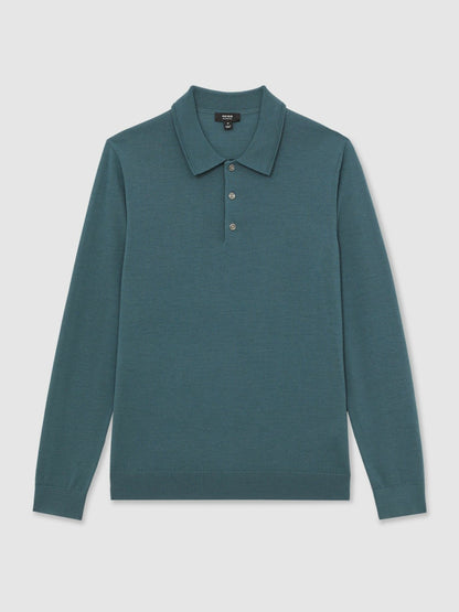 Merino Wool Long-Sleeve Polo Shirt in Orion Blue | Reiss Men Exclusive