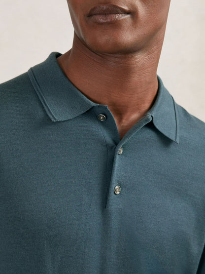 Merino Wool Long-Sleeve Polo Shirt in Orion Blue | Reiss Men Exclusive