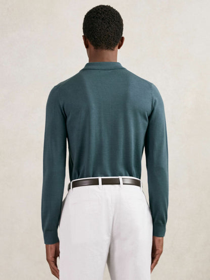 Merino Wool Long-Sleeve Polo Shirt in Orion Blue | Reiss Men Exclusive
