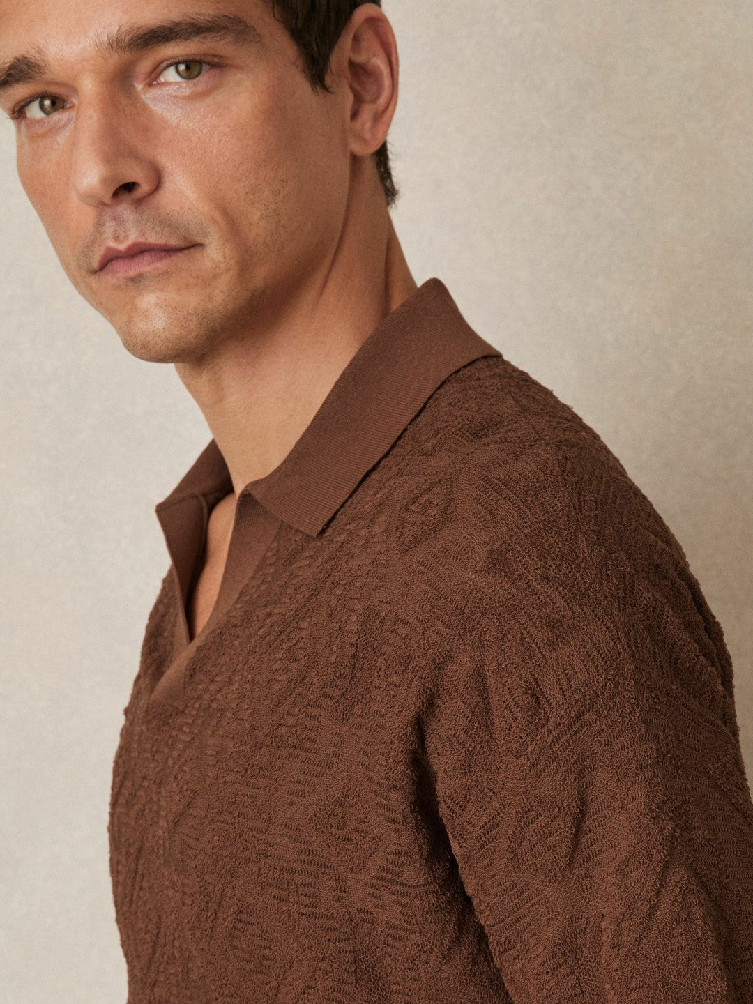 Jacquard Loop-Stitch Polo Shirt in Tobacco | Reiss Men Featured