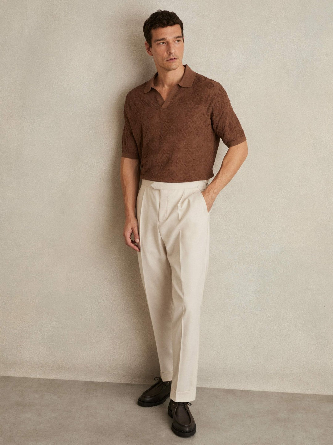 Jacquard Loop-Stitch Polo Shirt in Tobacco | Reiss Men Featured