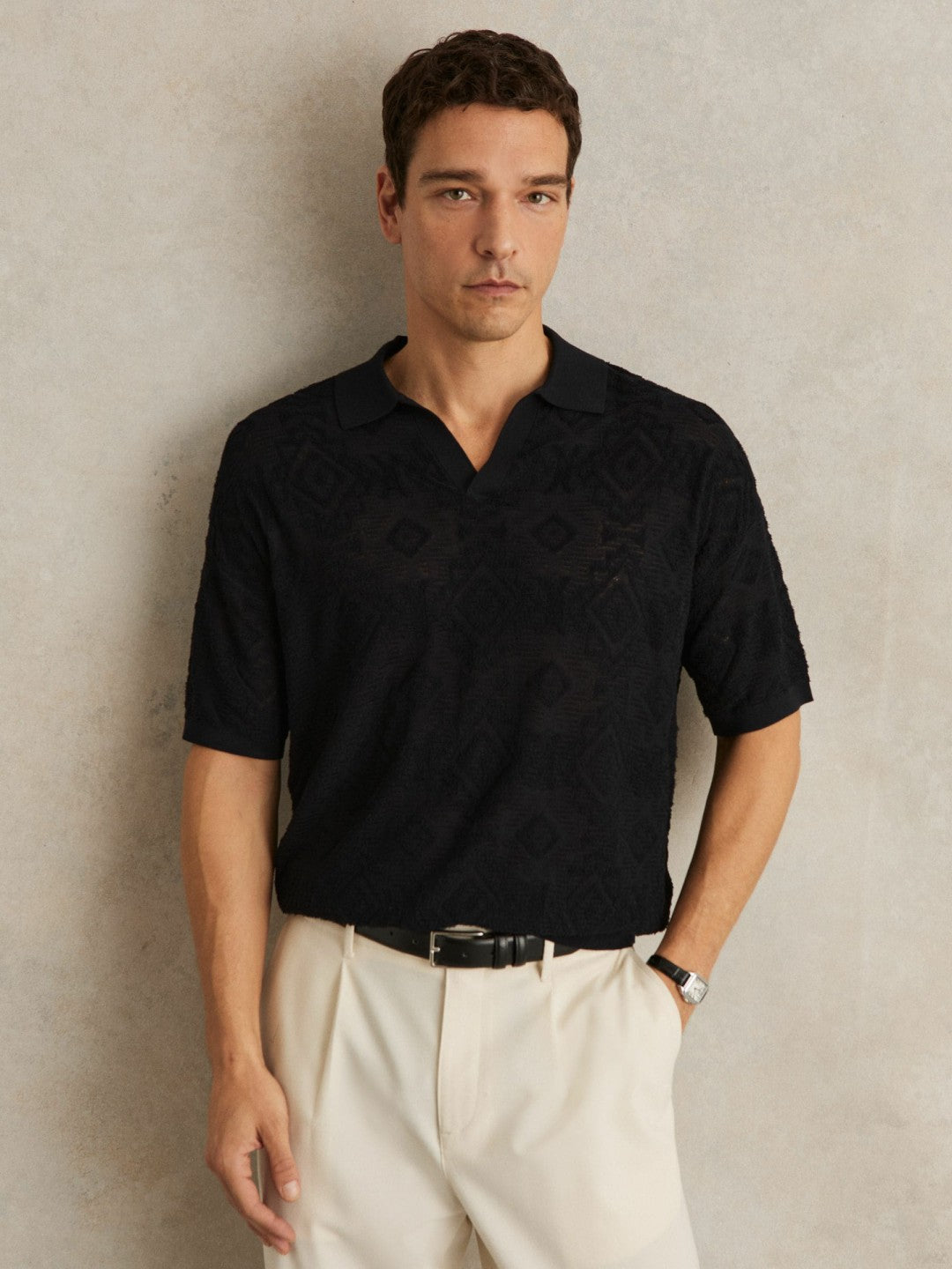 Jacquard Loop-Stitch Polo Shirt in Navy | Reiss Men Premium