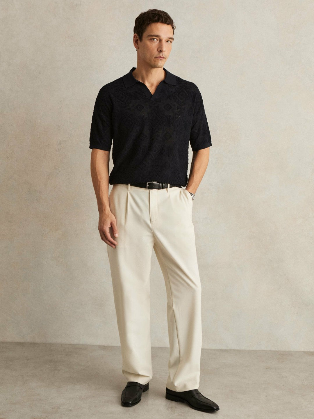 Jacquard Loop-Stitch Polo Shirt in Navy | Reiss Men Premium