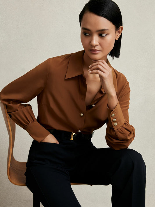 Silk Embossed-Button Shirt in Tan Brown | Reiss Women Featured