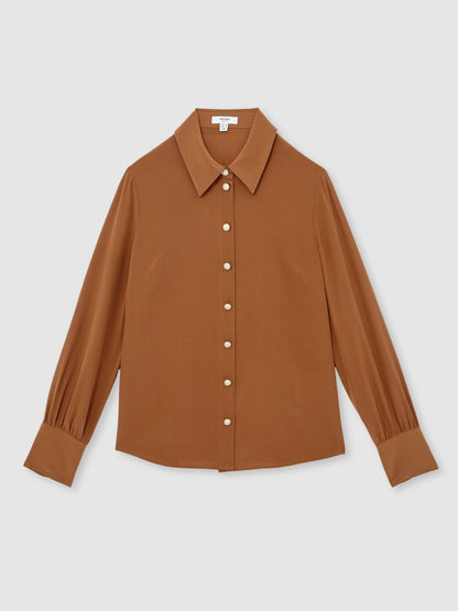 Silk Embossed-Button Shirt in Tan Brown | Reiss Women Featured