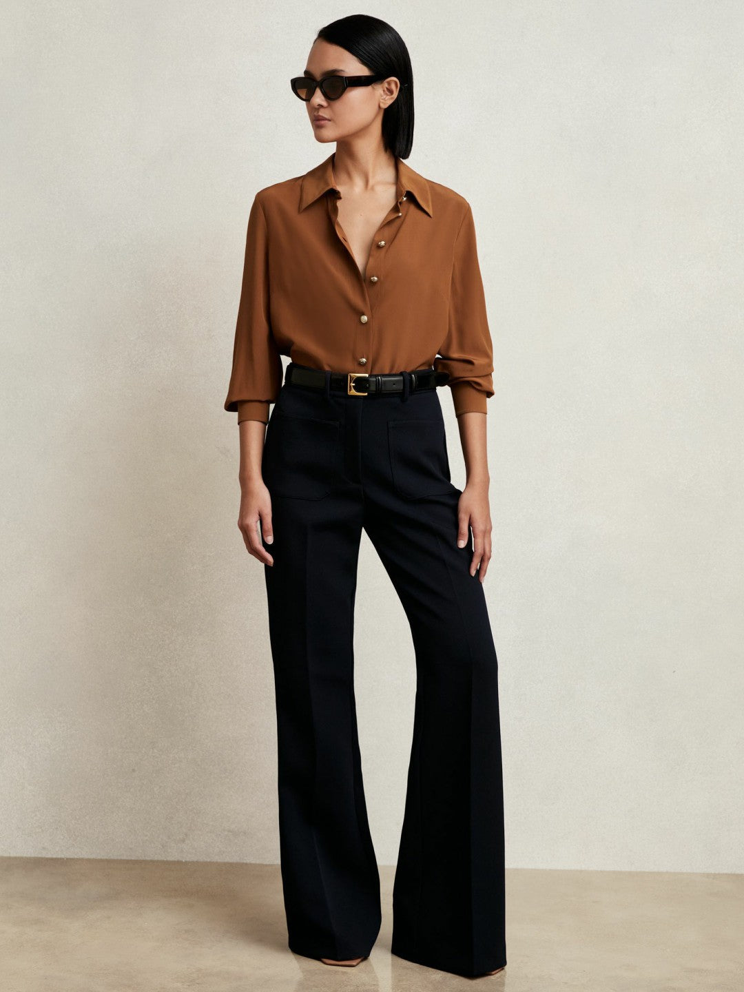 Silk Embossed-Button Shirt in Tan Brown | Reiss Women Featured
