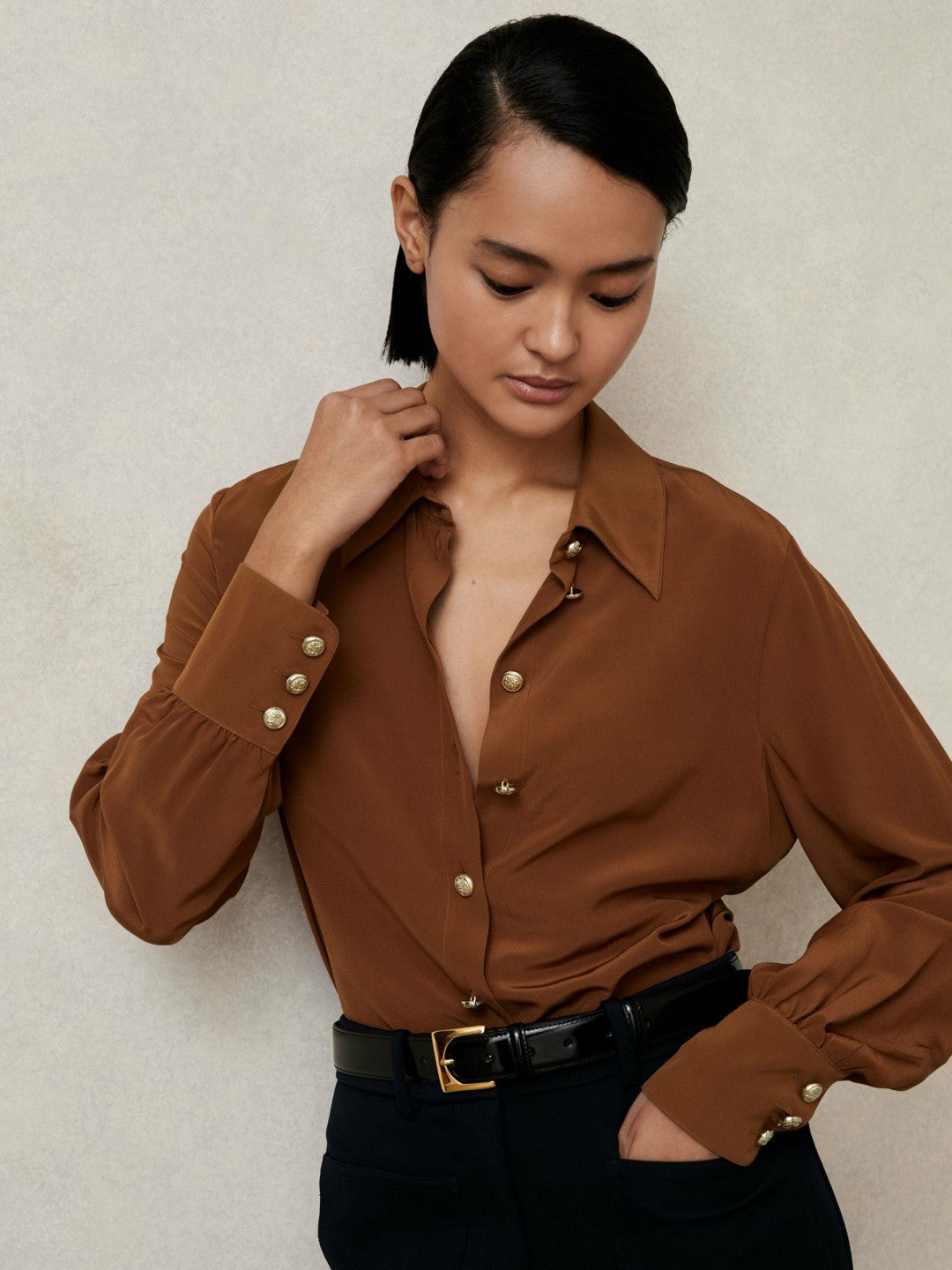Silk Embossed-Button Shirt in Tan Brown | Reiss Women Featured