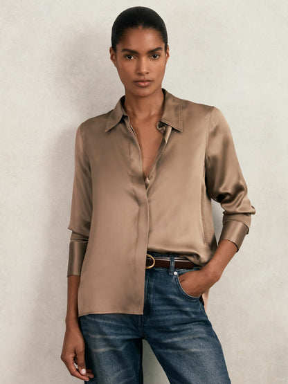 Silk-Satin Concealed-Placket Shirt in Taupe Brown | Reiss Women Premium