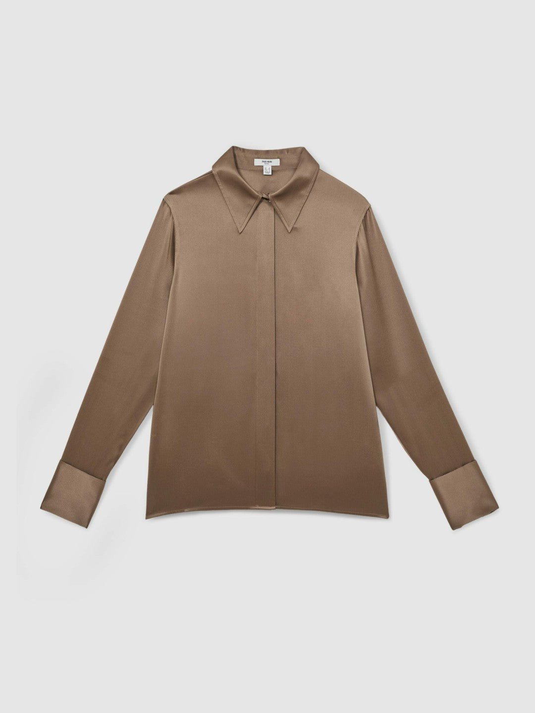 Silk-Satin Concealed-Placket Shirt in Taupe Brown | Reiss Women Premium