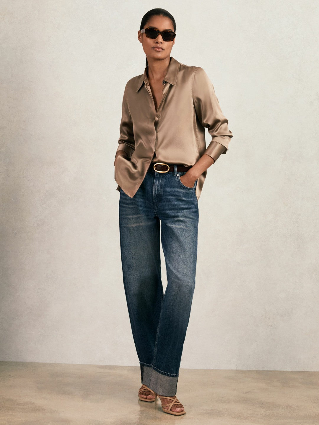 Silk-Satin Concealed-Placket Shirt in Taupe Brown | Reiss Women Premium