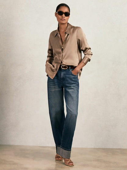 Silk-Satin Concealed-Placket Shirt in Taupe Brown | Reiss Women Premium