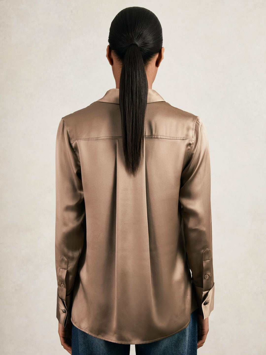 Silk-Satin Concealed-Placket Shirt in Taupe Brown | Reiss Women Premium