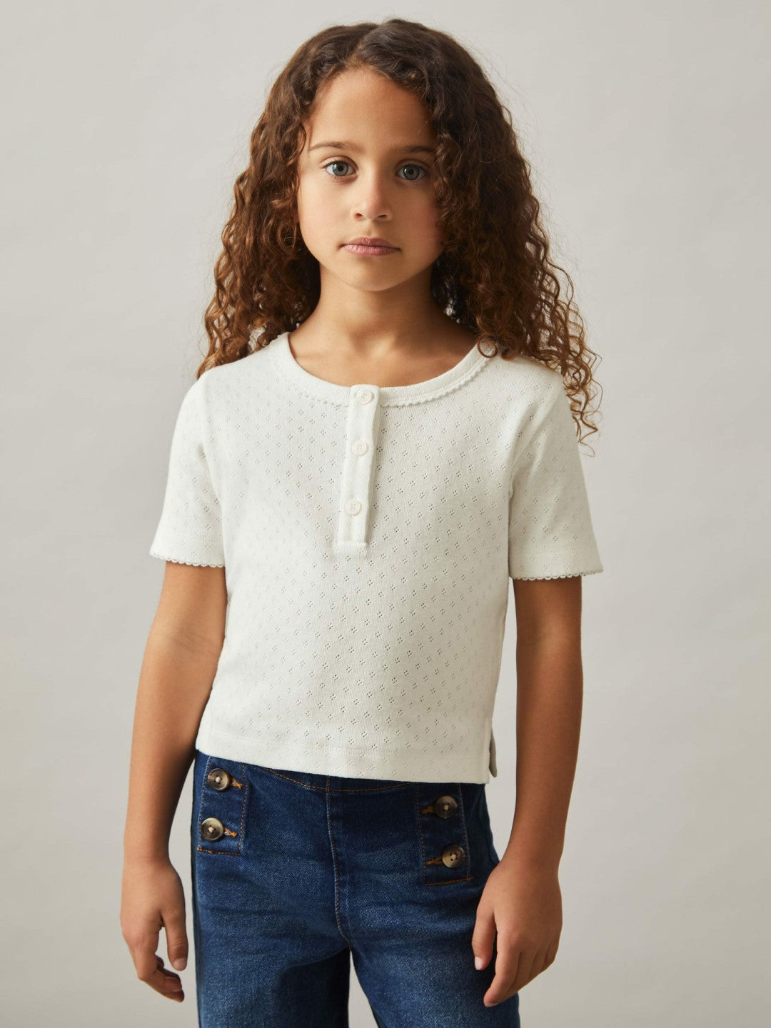 3-9 yrs Cotton Pointelle Button T-Shirt in Ivory | Reiss Children & Baby Featured