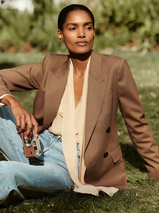 Petite Wool-Blend Double-Breasted Suit Blazer in Tan | Reiss Women New