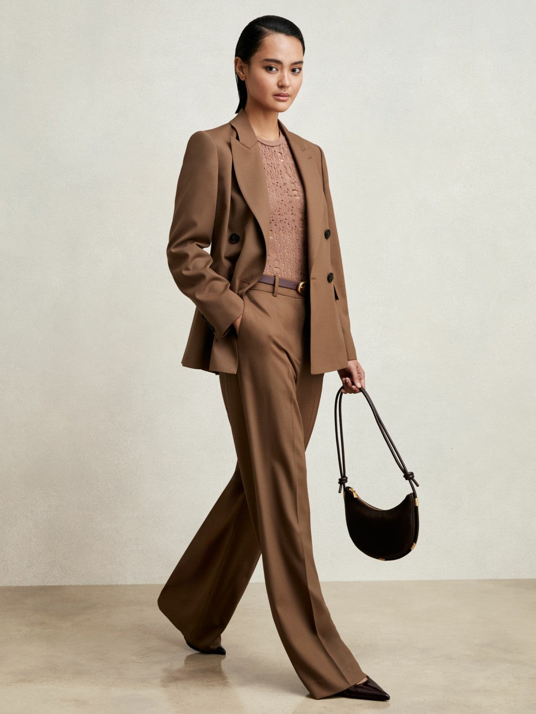 Petite Wool-Blend Double-Breasted Suit Blazer in Tan | Reiss Women New