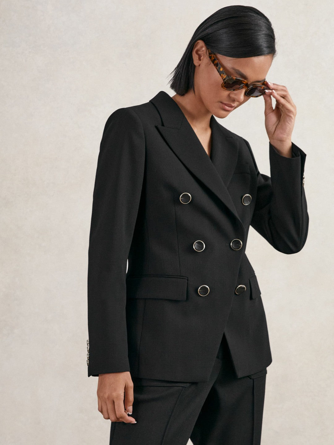 Wool-Blend Double-Breasted Blazer in Black | Reiss Women Exclusive