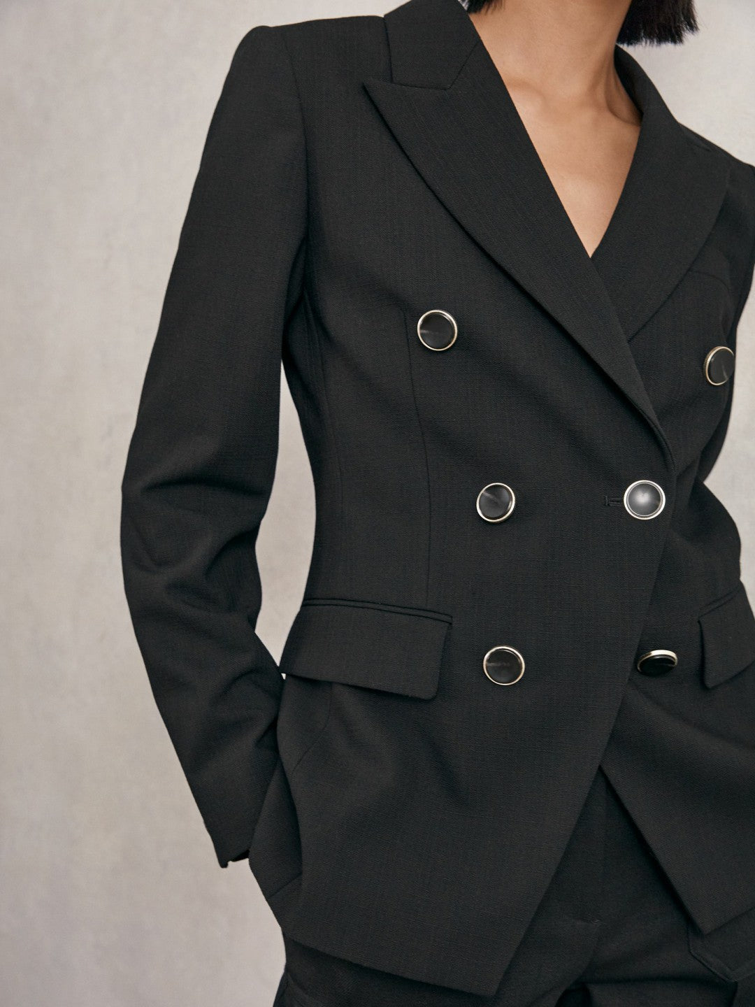 Wool-Blend Double-Breasted Blazer in Black | Reiss Women Exclusive