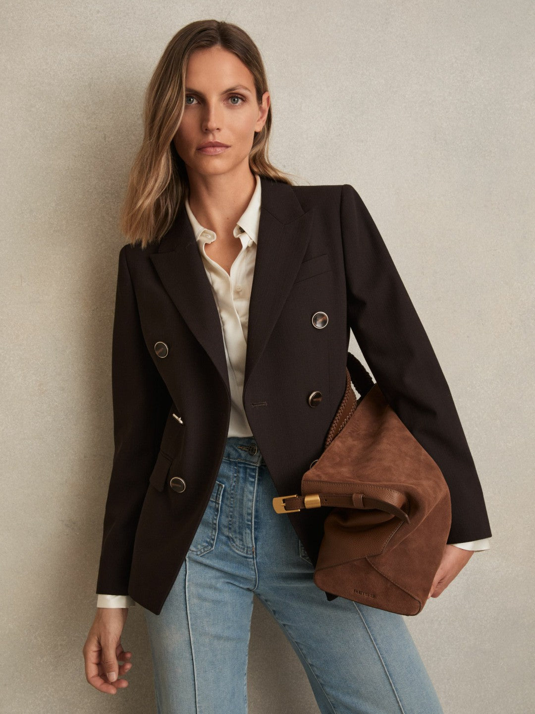 Wool-Blend Double-Breasted Blazer in Chocolate Brown | Reiss Women Premium