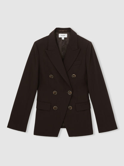 Wool-Blend Double-Breasted Blazer in Chocolate Brown | Reiss Women Premium