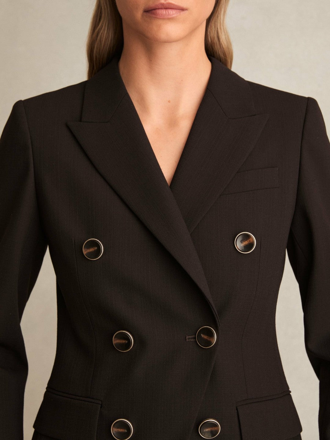 Wool-Blend Double-Breasted Blazer in Chocolate Brown | Reiss Women Premium